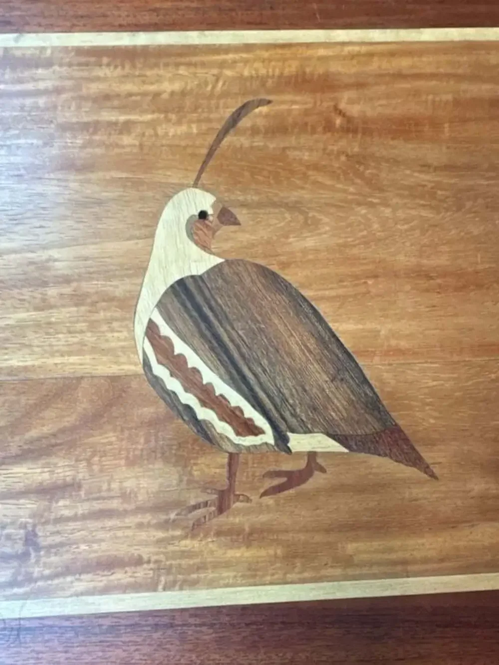 Vintage Handcrafted Wooden Marquetry Serving Tray with Inlaid Quail Design